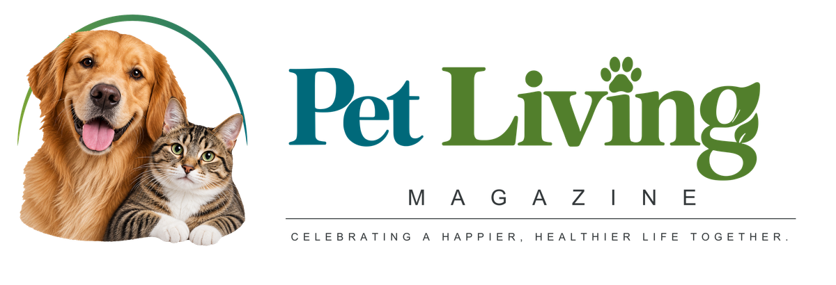 Pet Living Magazine — photographic golden retriever and tabby cat logo