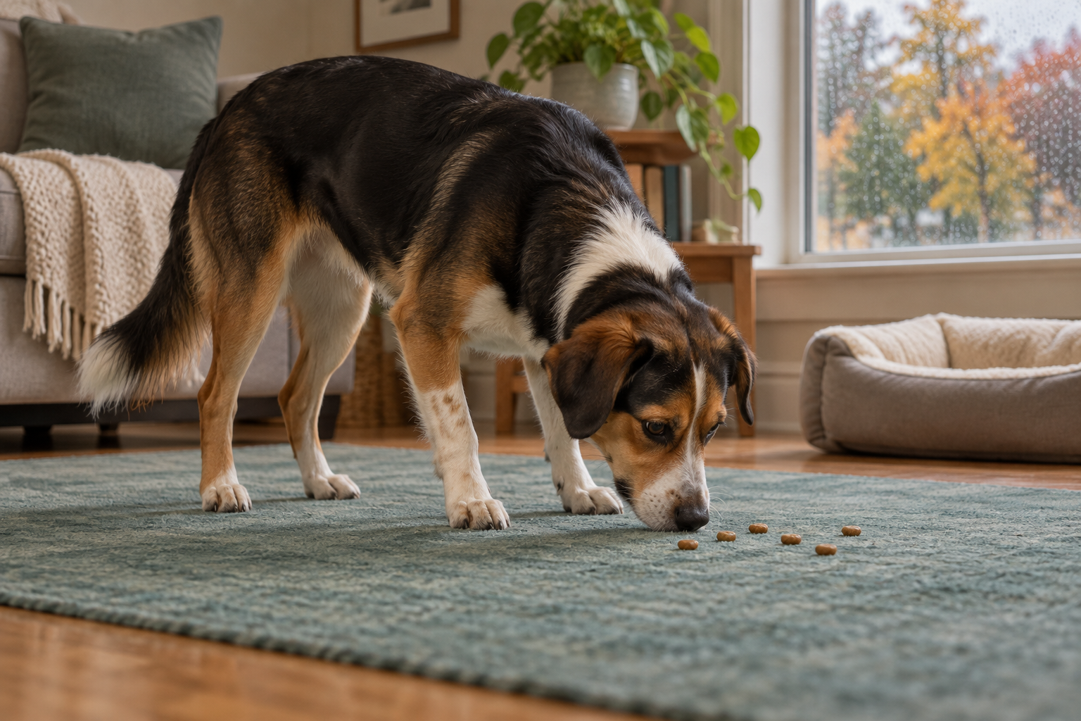 Tricolor dog sniffing pieces of dry food on a teal rug beside a rain-streaked window.